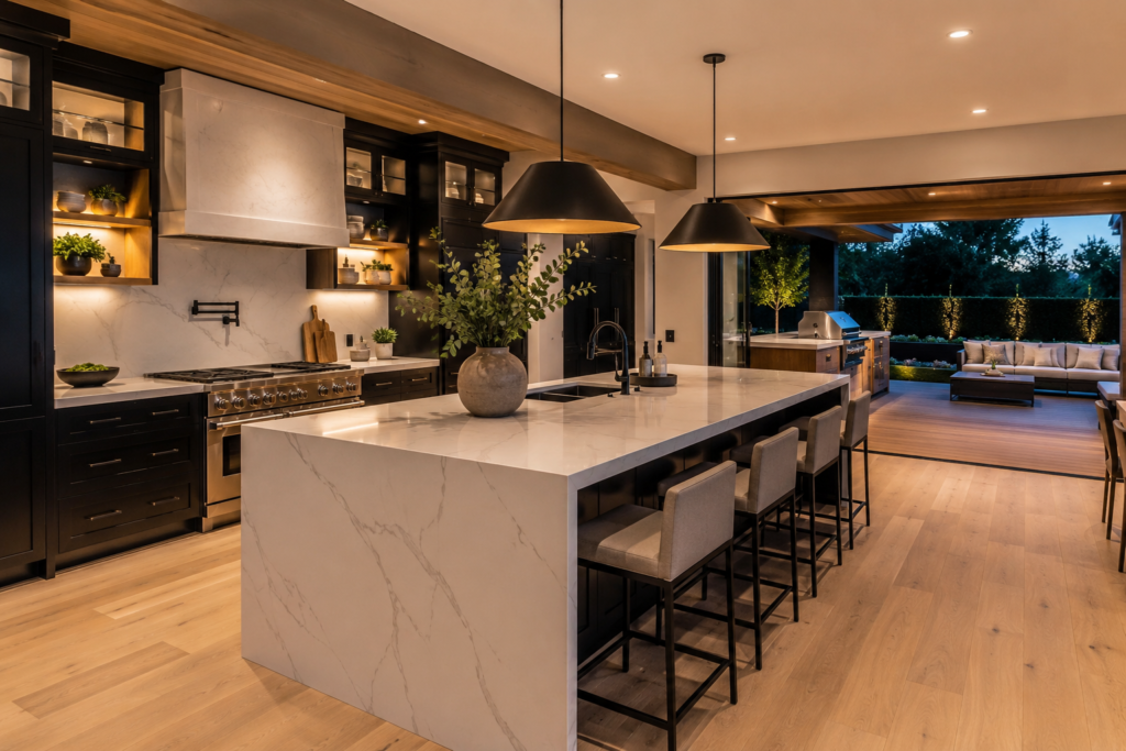 Renovated kitchen with black shaker cabinets and quartz countertops in a Maple Ridge home